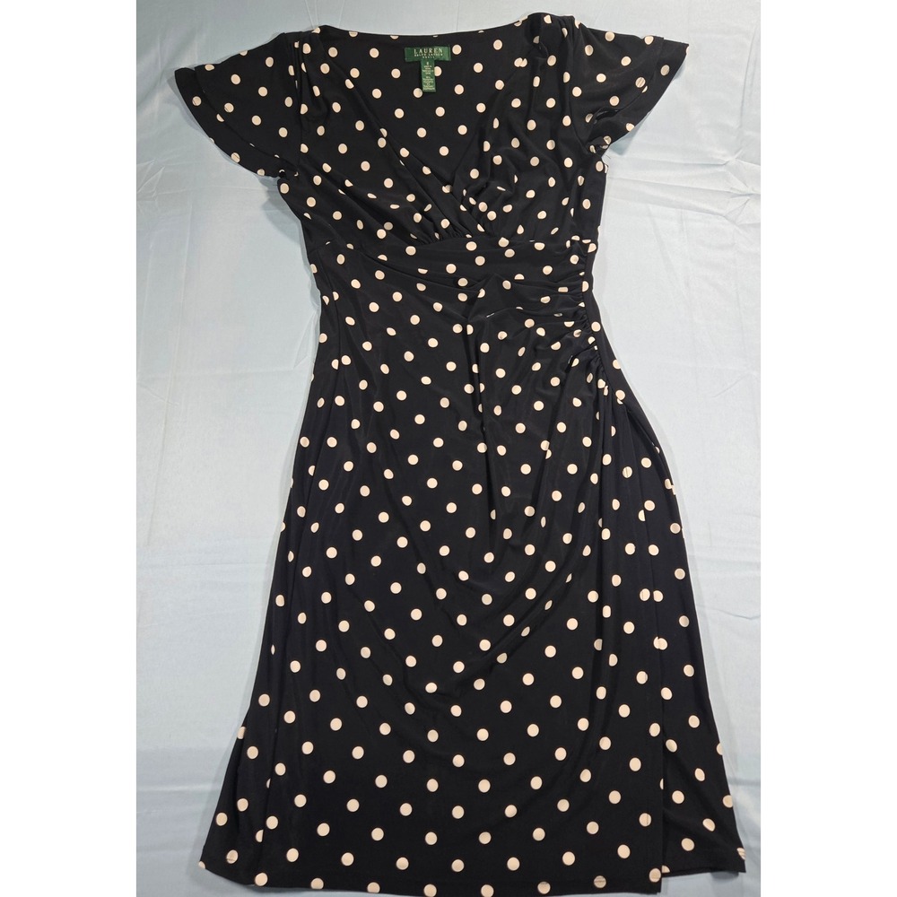 Lauren Ralph Lauren Navy Blue Polka Dot Faux Wrap Dress Surplice Ruching Size 8